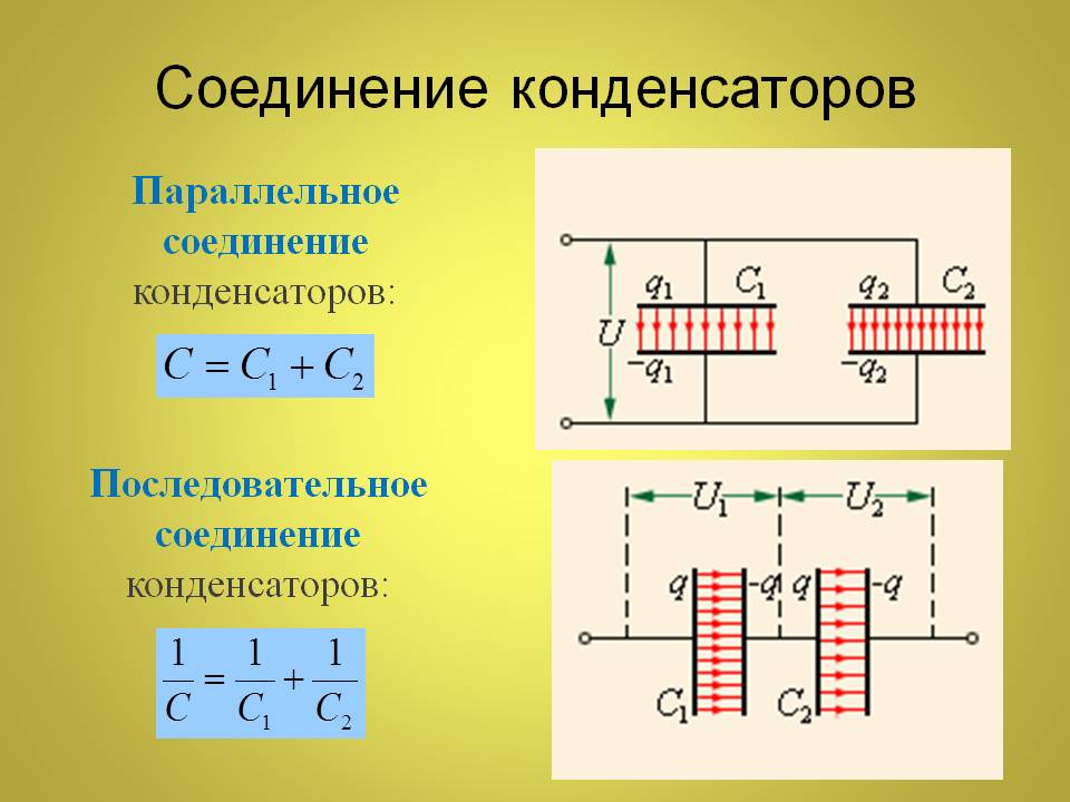 Схема последовательного соединения конденсатора Результирующая формула для емкостей конденсаторов Вычисление падений напряжения на конденсаторах Параллельное и комбинированное соединение Конденсатор: особенности замены